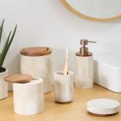 Pot de rangement effet travertin beige & marron en résine avec couvercle bois – Ø 10 x H.11 cm