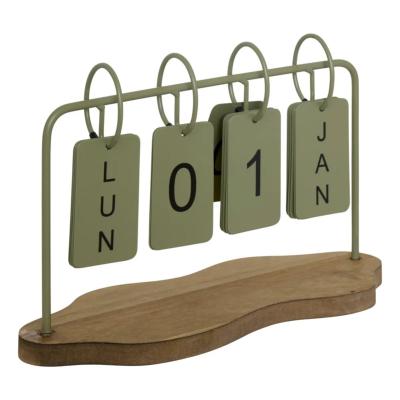 Calendrier Perpétuel en Métal Vert Kaki & Bois – Style Industriel Chic
