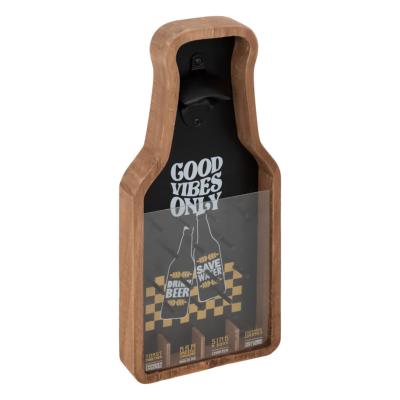 Décapsuleur Mural "Good Vibes Only" avec Bac Capsules Bois Foncé & Noir 