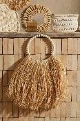 Déco Murale Ronde Raphia Naturel Perles Bois 40 x 20 cm 