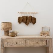 Déco Murale 5 Feuilles Macramé Marron Barre Bois Naturel 58 cm 
