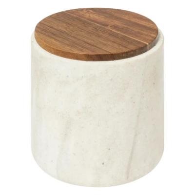 Pot de rangement effet travertin beige & marron en résine avec couvercle bois – Ø 10 x H.11 cm