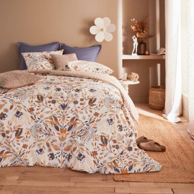 Parure de lit réversible 220x240 cm – Motifs Floraux Stylisés Beige & Bleu