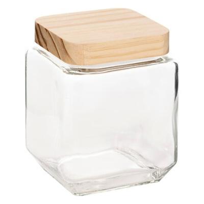  Bocal Carré Verre Couvercle Bois Pin 1,25 Litres 14,7 x 11 cm