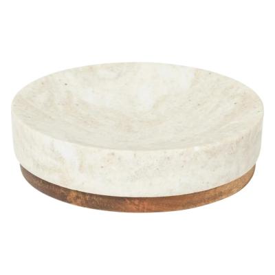 Porte-savon effet travertin beige & marron avec socle en bois d’acacia – Ø 10,8 x H. 2,8 cm 