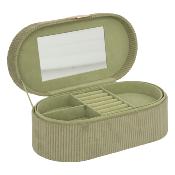 Boîte à Bijoux Velours Côtelé Vert & Doré - Forme Ovale - Miroir - L.25,5 cm 