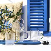 Mug en Verre Strié Transparent – Anse Colorée (Jaune/Bleu/Rose ou Vert) – 23 cl