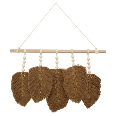 Déco Murale 5 Feuilles Macramé Marron Barre Bois Naturel 58 cm 