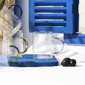 Mug en Verre Strié Transparent – Anse Colorée (Jaune/Bleu/Rose ou Vert) – 23 cl