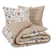 Parure de lit réversible 220x240 cm – Motifs Floraux Stylisés Beige & Bleu